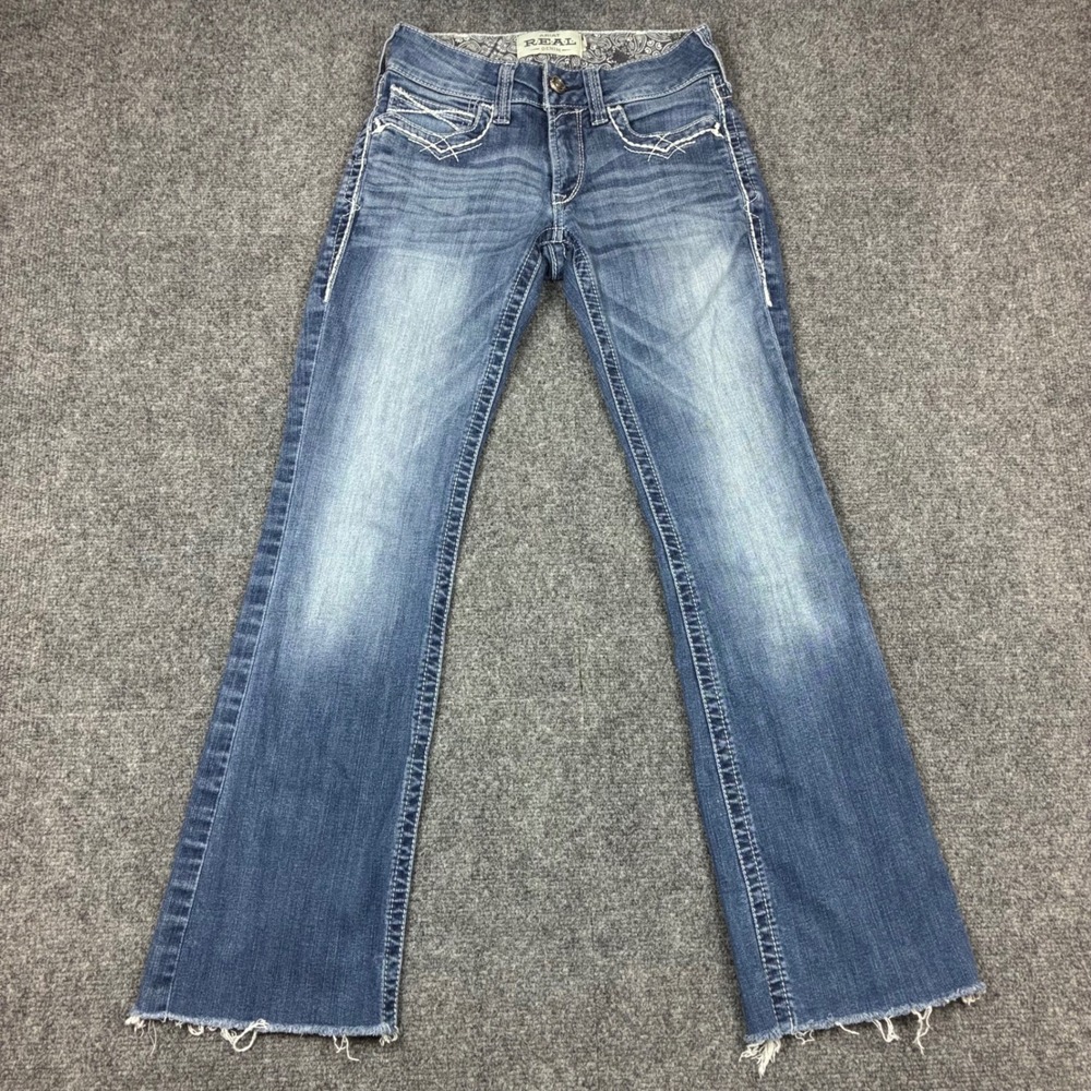 Ariat REAL Denim Women Size 26R Bootcut Jeans Medium Wash Embroidered Frayed Hem